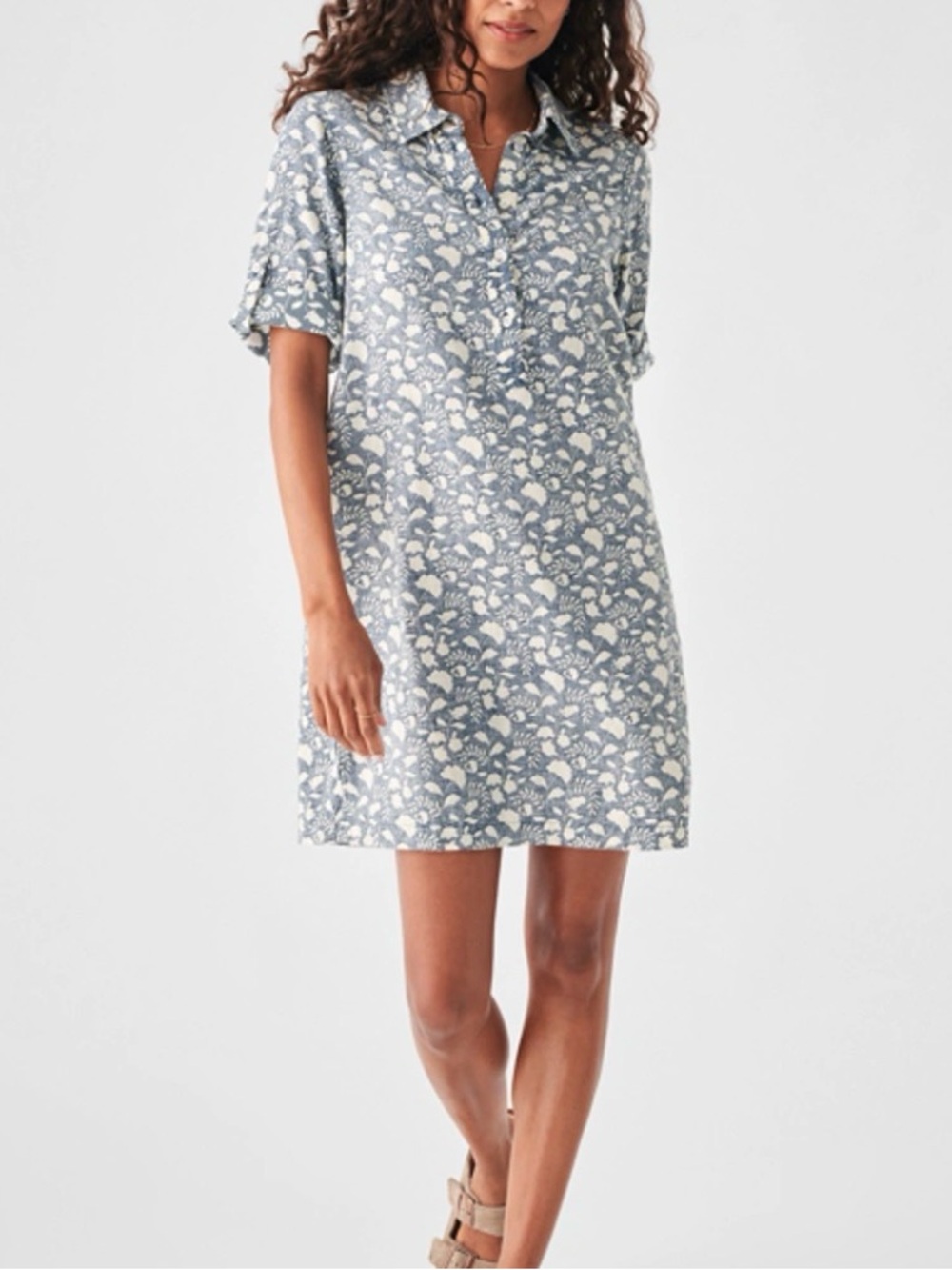 NWT Faherty Penny Dress Indigo Echo Floral Linen Blend Shirt Dress Size Small